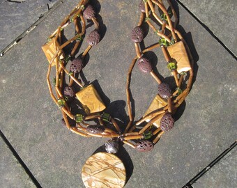 WHEN WE ALL Lived in The Forest - Picture Jasper, Pumice, Shell and Peridot Statement Necklace