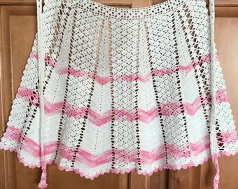 Handmade Vintage Crochet Keepsake Pink and White Apron