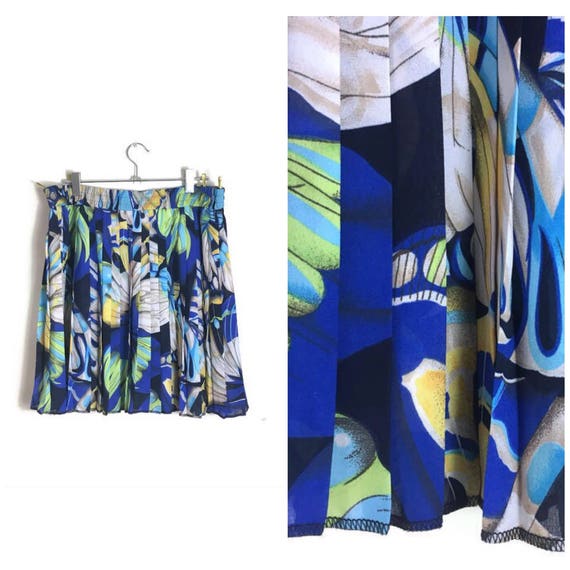 90s pleated mini skirt / blue patterened pleated skirt / elastic waist short skirt / boho skirt / retro summer skirt / retro tennis skirt /