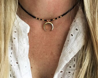 Upside down moon necklace, gold horn necklace, double horn necklace, crescent moon necklace, beaded necklace, boho choker, beaded choker