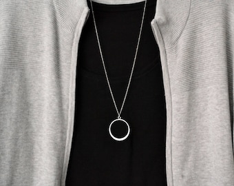 Large Circle Necklace Long Silver Necklace Simple Necklace Boho Necklace Layering Necklace Pendant Necklace