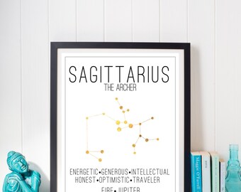 Sagittarius Constellation Zodiac Traits Gold Foil Print