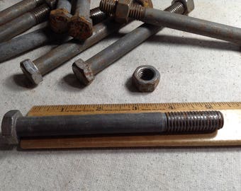12 Old 5" Hex Bolts with Nuts, Salvaged Industrial Hardware, Nuts and Bolts, Steampunk, Assemblage, Hardware Supply, New Old Stock Bolts