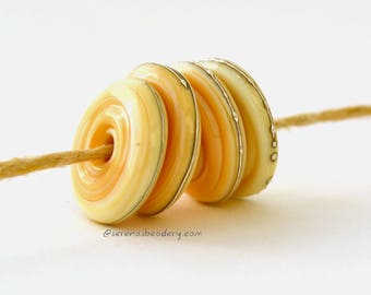 Lampwork Glass Disc Beads - DARK IVORY with fine SILVER Wire Wavy Disks taneres - 14 mm