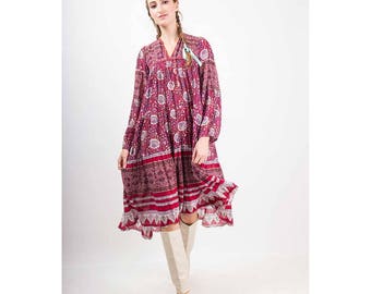 Vintage India cotton gauze dress / 1960s 1970s rose block print trapeze tent smock dress / XS