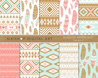 Digital Paper 'Navajo II' Mint, Coral and Bronze Ethnic Tribal Feathers Patterns for Journal Stickers, Cards, Invitations...