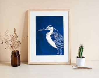 Egret, original linoprint, limited edition, printmaking, linocutprint bird illustration, art, wall decor, heron, handmade, linocut, blue