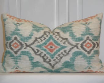IKAT Decorative Pillow Cover - Aqua Coral Grey Pillow - Accent Pillow - Kilim Pillow - Cushion Pillow Case Cover