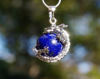 Lapis Lazuli Healing Stone Dragon Pendant Necklace on a Sterling Silver Chain ~ Blue Ball ~ Make Believer ~ Healing Stone ~ Chinese New Year