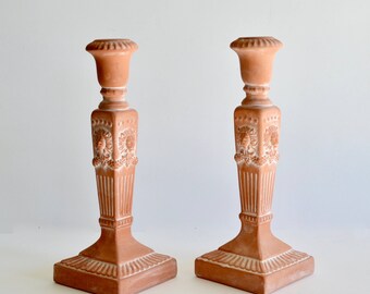 Vintage Rosenthal Netter Candlestick Holders Set of Two Lion Heads Terra Cotta Pottery Hollywood Regency Candleholders Made in Taiwan