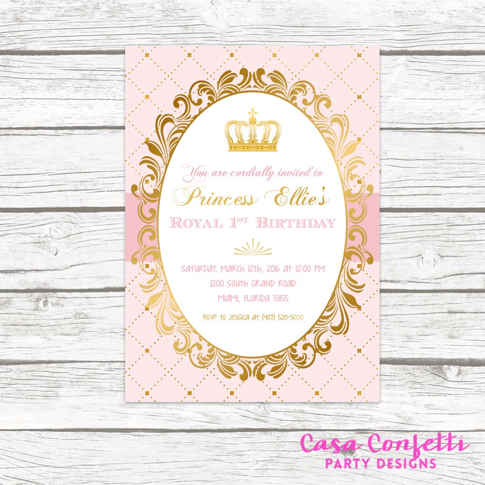 Pink and Gold Princess Birthday Party Invitation Blush Pink