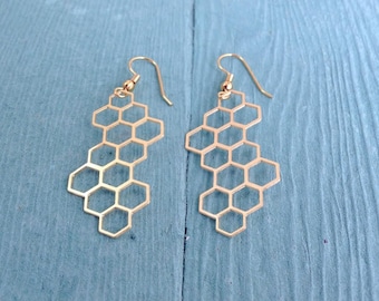 Honeycomb Earrings, Dangle Gold Plated Geometric Earrings, Hexagons Earrings, Geometric Jewelry, Bridesmaid Gift, Wedding Earrings