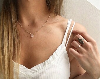 Beaded rose gold necklace, rose quartz necklace, rose quartz pendant, layered gold necklace, Champagne beaded necklace by Serenity Project