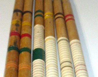 120717 -- 6 Vintage CROQUET POLES Croquet HANDLES Antique Wood Croquet Stick Old Ink Striped Croquet Handle Wood Handles