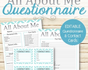 EDITABLE All About Me Questionnaires and Contact Info Cards - INSTANT DOWNLOAD