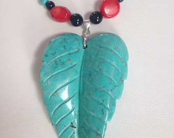 Turquoise Leaf Necklace with Red Coral and Black Onyx