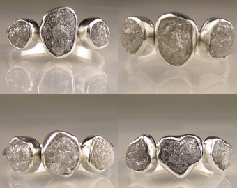 Raw Diamond Engagement Ring - Three Stone Diamond Ring Custom- Recycled Palladium Sterling
