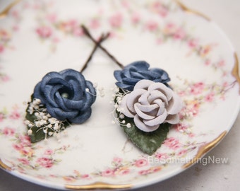 Wedding Hair Bobby Pin Set of Vintage Flowers in Blue and Gray Wedding Hair Accessory, Flower Bobby Pins Vintage Flower Wedding Hair Clips