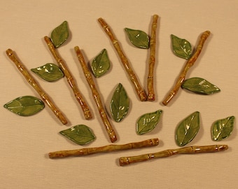 Mosaic Tiles - 20 Piece set, 8 Ceramic Bamboo Stems and 12 Leaves - Mosaic Supplies - Mosaic Pieces - Ceramic Tiles - Item # E-1256