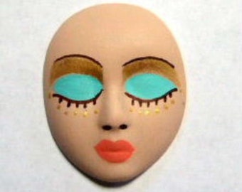 gold, light green, polymer clay, face, cabochon