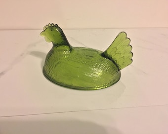 Vintage Indiana Glass Green Hen on Nest Chicken Cover for Candy Dish Mid Century
