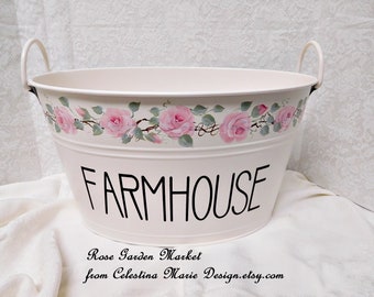 Farmhouse Oval Pail, Hand Painted with Cottage Blush Pink Roses, Storage, Display, Home Decor, Farmhouse Decor, ECS