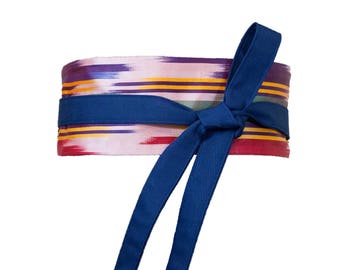 Navy Blue and Rainbow Mini Obi Belt / Wrap Belt / Fabric Belt
