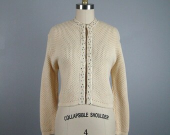 Vintage 1950s Sweater 50s Ivory Wool Rhinestone Studded Sweater by Susan Thomas Size M