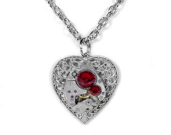 Steampunk Jewelry Necklace Watch Silver Filigree HEART Red Crystal Anniversary Bridesmaids, Girlfriend Mothers Day Gift - Steampunk Boutique