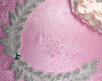 JB130 Leaf Cluster Crystal Clear Silver Beaded Rhinestone Collar Yoke Applique 12" (JB130-slcr)