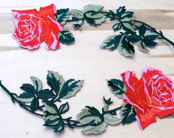 Red Rose Patches 2 PIECES Embroidery Patches Classically Timeless Embroidery Flower Applique, Rose Patch with Iron on Backing