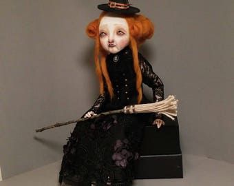 Miss Tabitha ginger hair witch, handmade art doll, paper clay, sculpture, ooak doll, soft sculpture cloth body,articulate bjd style
