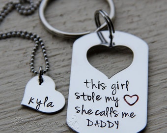 This girl stole my heart, she calls me daddy keychain and daughter necklace set - Personalized hand stamped Fathers Day Gift from daughter