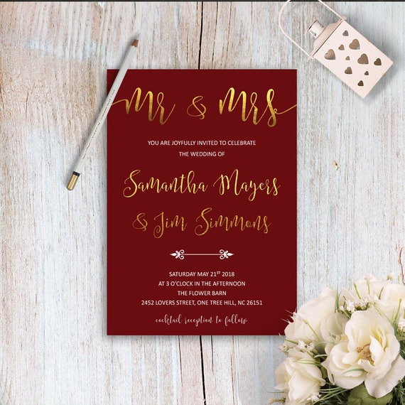 Printable Maroon Wedding Invitations Typography Wedding