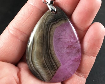 Brown Stripes and Pink Druzy Agate Stone Pendant Necklace