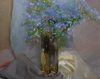 Original art painting, Flower artwork, oil painting blue, Modern still life painting floral art on canvas