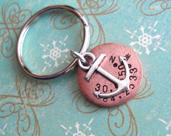 Nautical GPS Coordinates & Anchor Keychain Disc. Hand Stamped custom Lat/Long antiqued metal. Copper, Silver, Gold. Father Men Guy Dad Gift