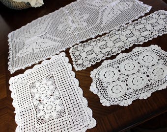 Crochet Doilies, 4 Assorted Runner and Doily Lot, Vintage Doily Collection, Whites 13981