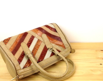 Vintage Patchwork Bag / Snakeskin Purse / Tan Brown Purse / Barrel Purse / Snakeskin Handbag / Shoulder Bag / Mini Duffle Purse