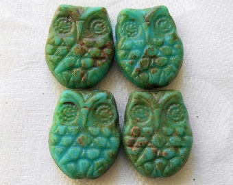 Four large opaque turquoise blue Czech glass owl beads with a picasso finish, focal beads, 18mm x 15mm C00101