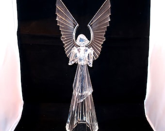 Vintage 15" ANGEL TREE TOPPER Art Deco Christmas Clear Acrylic Faceted Crystal Praying Figurine Table Standing Display Religious Decor Gift