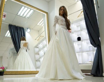 Modest wedding dress, Satin skirt lace top wedding dress