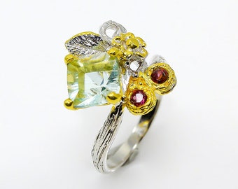 Garnet ring, Twig branch ring, nature inspired, botanical fluorite ring, flower ring, leaf ring, cluster ring birthday gift mom, gemstone