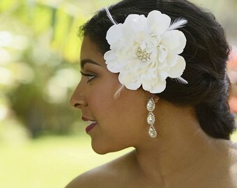COUTURE CLAY - Made to Order 5 Inch Whitish Ivory Peony Hair Flower with Rhinestone Button Center and Feathers