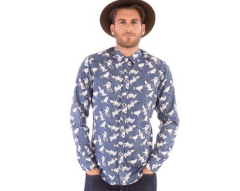 Mens 100% Cotton Long Sleeve Slim Fit Shirt Grey Sharks Print