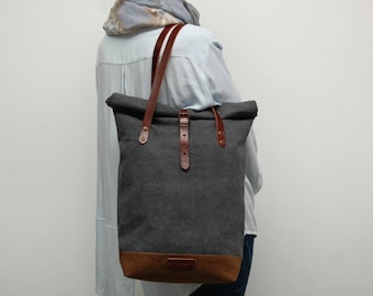 rolltop Tote bag waxed canvas, charcoal/brown color ,with leather handles and closures,hand wax