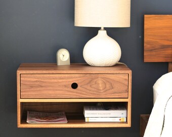 Floating Nightstand with Drawer in Walnut / Mid Century Modern Bedside Table