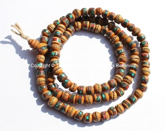 108 beads - Tibetan Prayer Beads - 8mm Wooden Mala Prayer Beads with Turquoise, Coral, Brass & Copper Inlays - PB15S