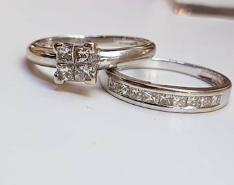 18ct White Gold Princess Cut Diamond Bridal Engagement Ring and Diamond Channel Set Wedding Band Set Total .50 Carat Weight