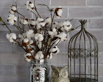 Farmhouse Cotton Stem Arrangement in Mercury Glass Mason Jar
